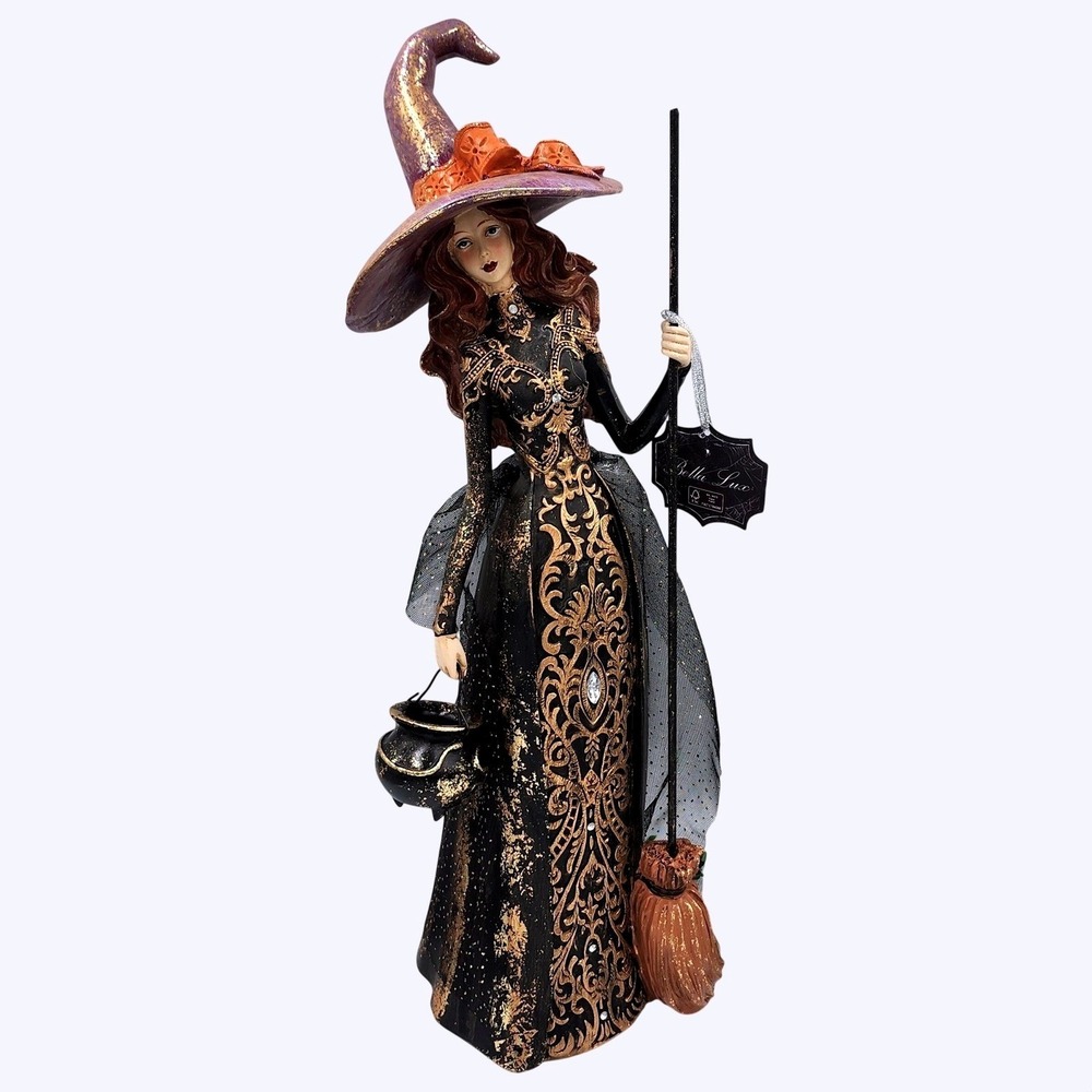 Bella Lux Witch Figurine Halloween Decor 18" Black Gold Purple Spooky Elegant